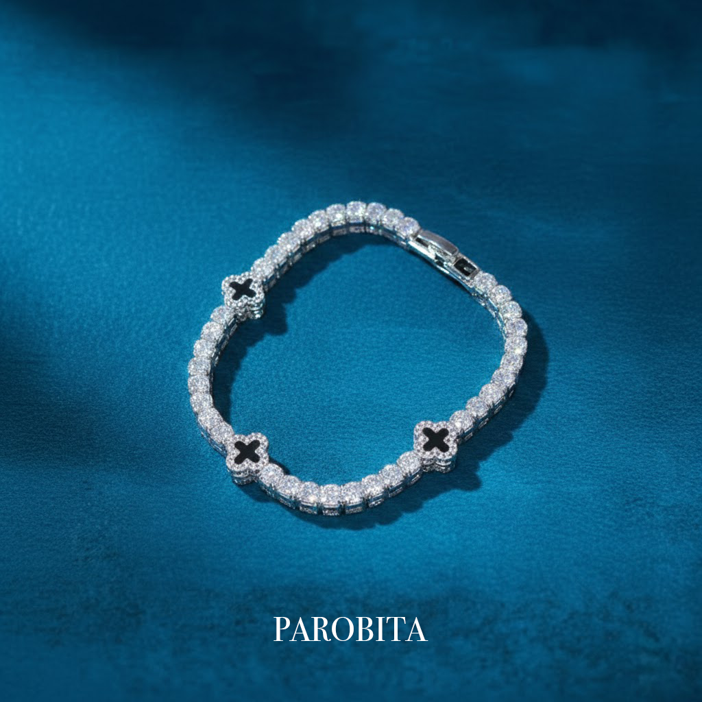 White Gold Plated Clover Motif Tennis Bracelet