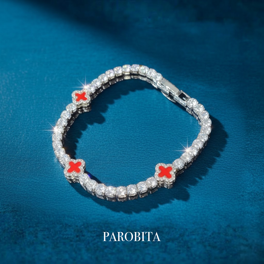 White Gold Plated Clover Motif Tennis Bracelet