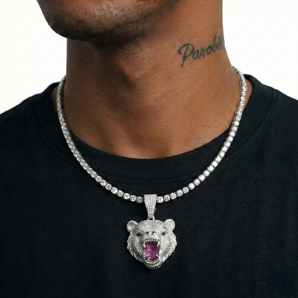 White Gold Plated Grizzly Bear Pendant