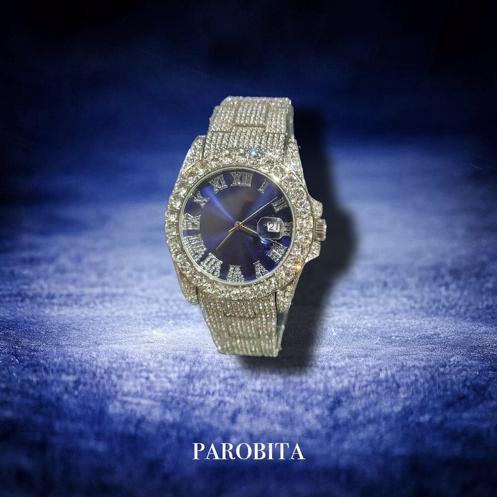 Iced Out Rollie Watch Blue Dial