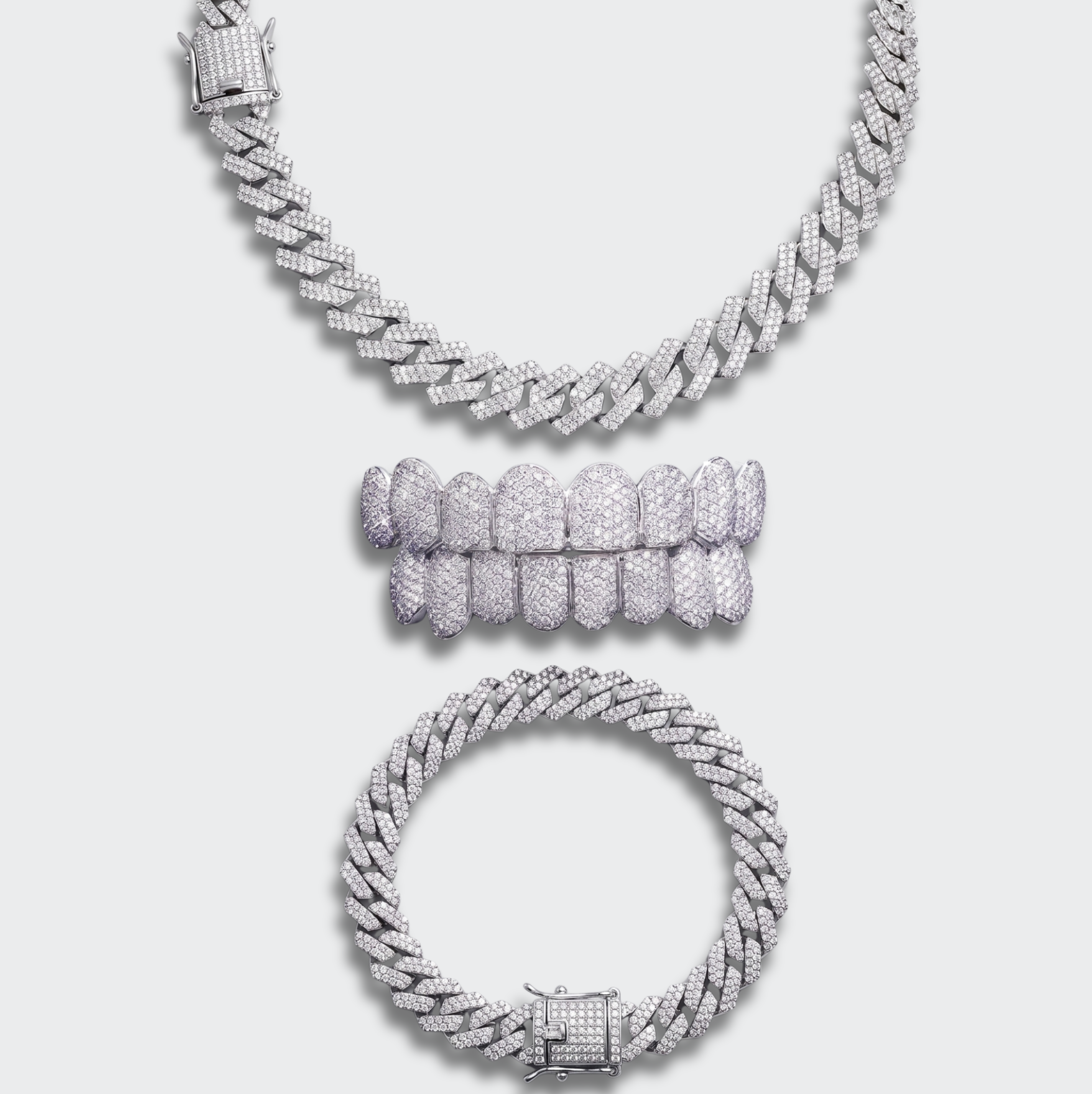 White Gold Plated Cuban Chain, Bracelet & Grillz Bundle