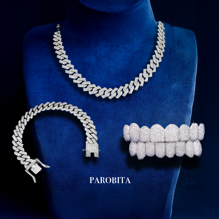 Iced Out Cuban Chain, Bracelet & Grillz Bundle