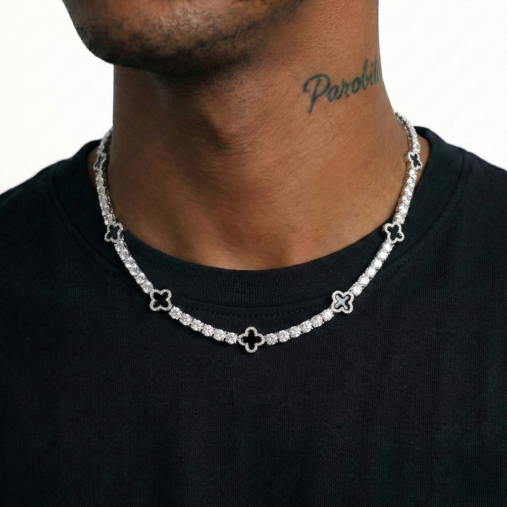 18K White Gold Plated Clover Motif Tennis Chain